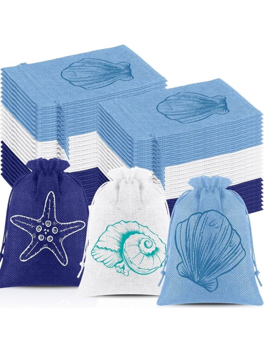 Abbylike 72 Pcs Seashell Burlap Bags Beach Gift Bags Bulk 5 x 7 Inch, Blue
